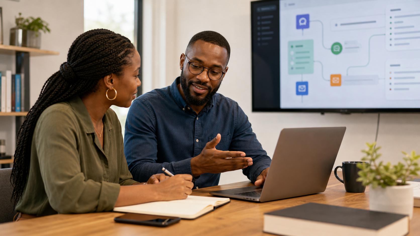 Technology consultant reviewing a communication workflow with a client