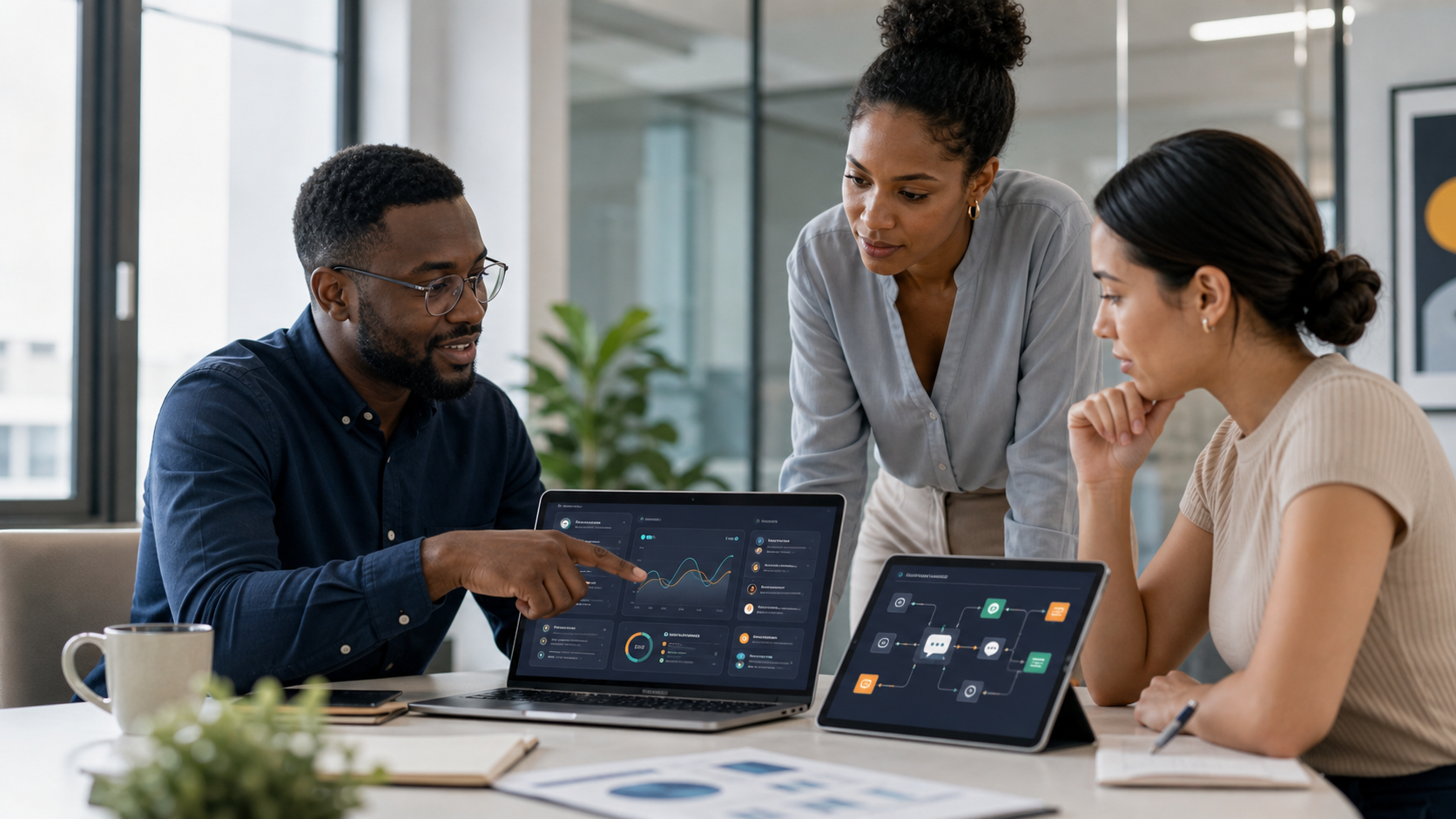 Wired Technologies consultants reviewing dashboards and messaging workflows with a client team